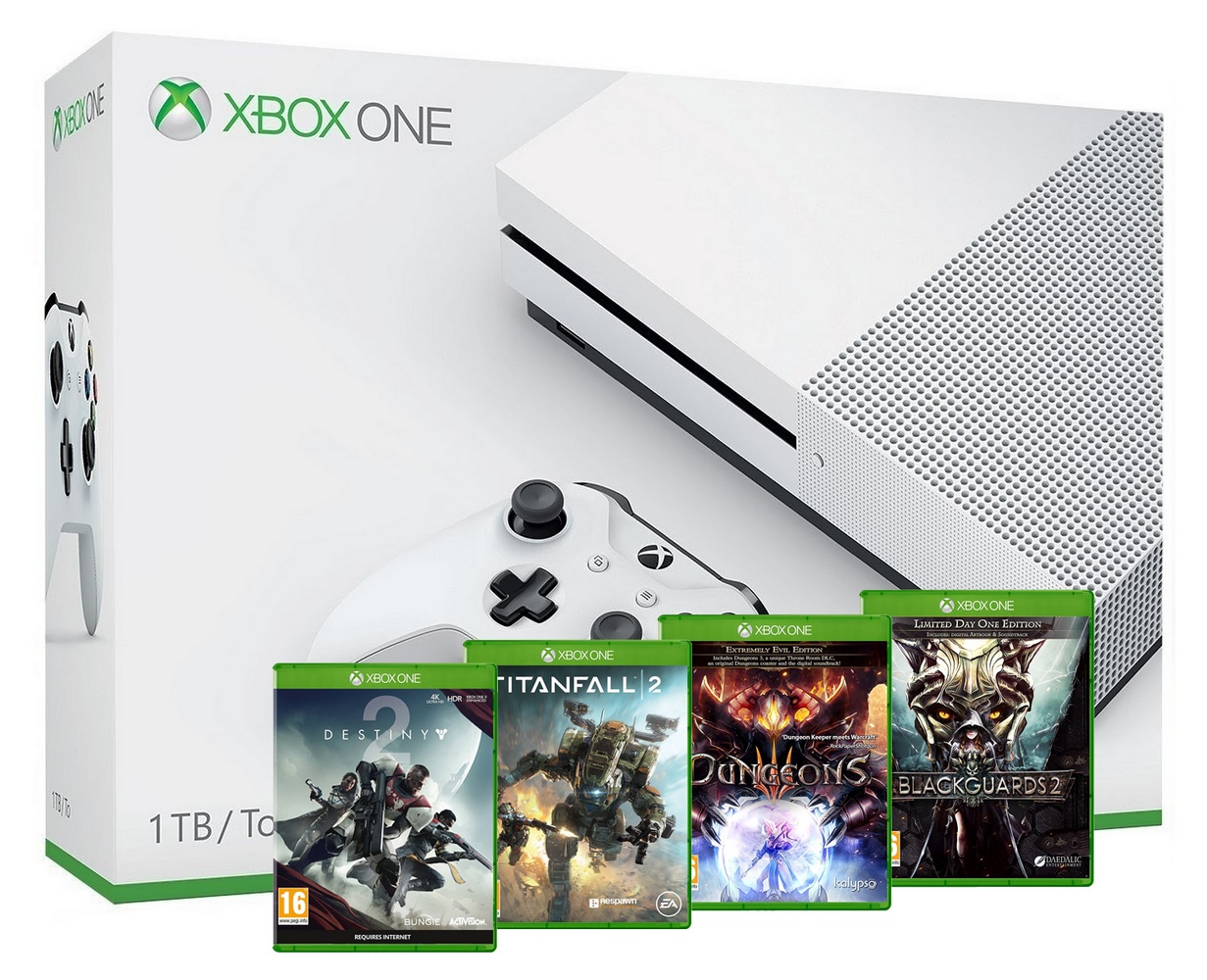 Xbox One S 1 TB - Destiny 2, Titanfall 2, Dungeons 3 and Blackguards 2 Bundle
